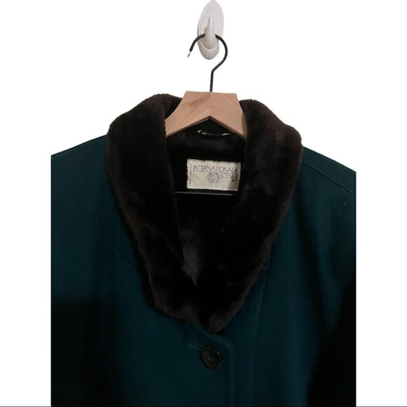 Vintage International Scene Dark Green 100% Wool Coat w/ Faux Fur Lining - Picture 3 of 6